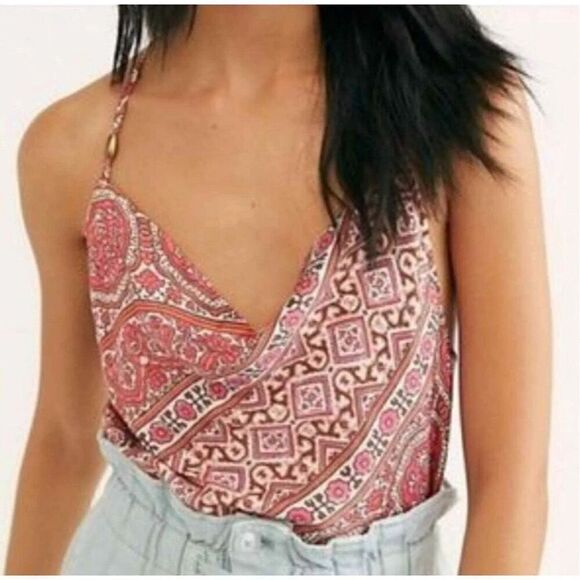 Free People Stevie Cowl Neck Satin‎ Tank Top Size Small Womens Floral Racerback - Picture 1 of 10